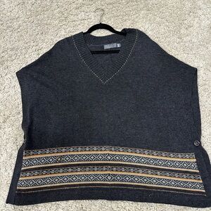 Charcoal, gray ladies sweater poncho with gold thread detail. Size small